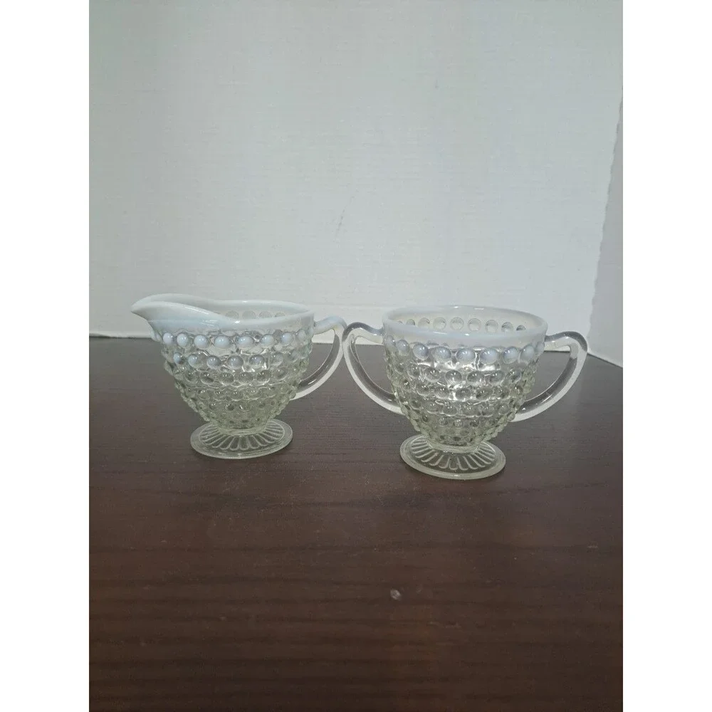 1940s Anchor Hocking Opalescent Hobnail Open Sugar Bowl And Creamer